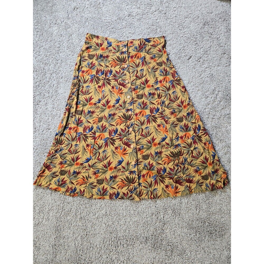Sag Harbor Petite Midi Skirt Floral Jungle Tan Blue button up Vintage size Large